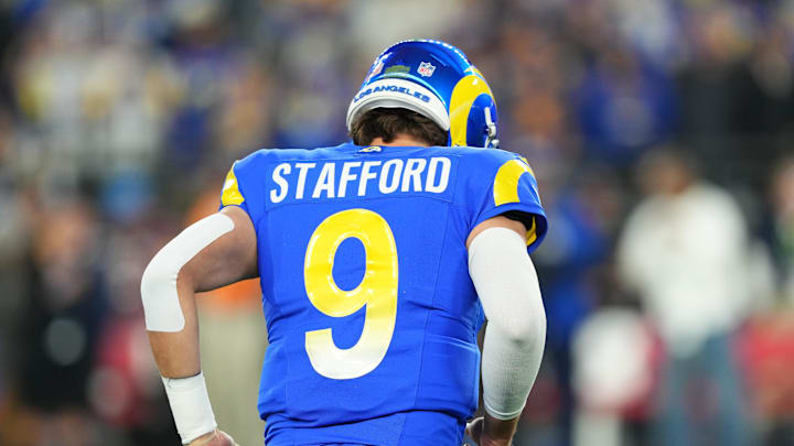 Jan 13, 2025; Glendale, AZ, USA; Los Angeles Rams quarterback Matthew Stafford (9) practices before the NFC wild card game against the Minnesota Vikings at State Farm Stadium. Mandatory Credit: Joe Camporeale-Imagn Images