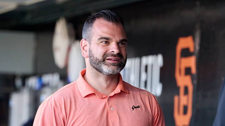 San Francisco, California, USA; San Francisco Giants general manager Zack Minasian looks on in the dugout before a game against the Atlanta Braves at Oracle Park. Mandatory Credit: Robert Edwards-Imagn Images