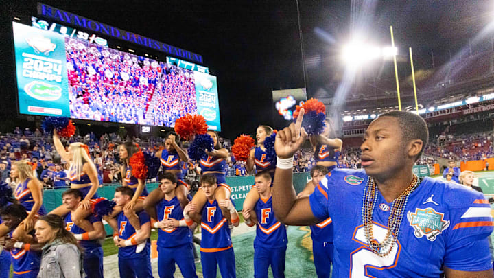 Florida Gators quarterback DJ Lagway (2) celebrates at Raymond James Stadium in Tampa, FL on Friday, December 20, 2024 in the 2024 Union Home Mortgage Gasparilla Bowl. The Gators defeated Tulane 33-8. [Doug Engle/Gainesville Sun]