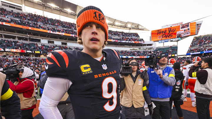 Jan 4, 2026; Cincinnati, Ohio, USA; Cincinnati Bengals quarterback Joe Burrow (9) walks to the locker room following a loss against the Cleveland Browns at Paycor Stadium. Mandatory Credit: Joseph Maiorana-Imagn Images