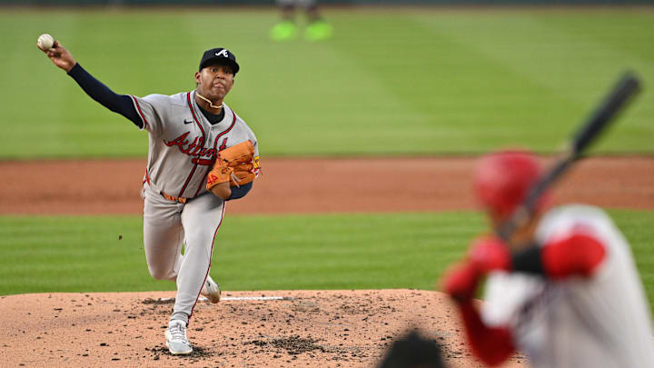 Apr 22, 2026; Washington, District of Columbia, USA; Atlanta Braves pitcher Didier Fuentes (72) pitches in the second inning against the Washington Nationals at Nationals Park. Mandatory Credit: Jamie Sabau-Imagn Images
