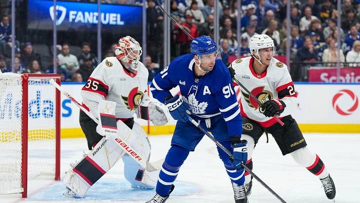 Oct 3, 2026; Toronto, Ontario, CAN; Toronto Maple Leafs center John Tavares (91) battles in front of the net with Ottawa Senators center Dylan Cozens (24) during the first period at Scotiabank Arena. Mandatory Credit: Nick Turchiaro-Imagn Images Oct 3, 2026; Toronto, Ontario, CAN; Toronto Maple Leafs center John Tavares (91) battles in front of the net with Ottawa Senators center Dylan Cozens (24) during the first period at Scotiabank Arena. Mandatory Credit: Nick Turchiaro-Imagn Images