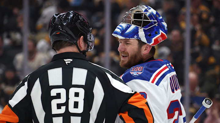 Jan 31, 2026; Pittsburgh, Pennsylvania, USA; New York Rangers goaltender Jonathan Quick (32) talks with referee Chris Lee (28) against the Pittsburgh Penguins during the third period at PPG Paints Arena. Mandatory Credit: Charles LeClaire-Imagn Images Jan 31, 2026; Pittsburgh, Pennsylvania, USA; New York Rangers goaltender Jonathan Quick (32) talks with referee Chris Lee (28) against the Pittsburgh Penguins during the third period at PPG Paints Arena. Mandatory Credit: Charles LeClaire-Imagn Images