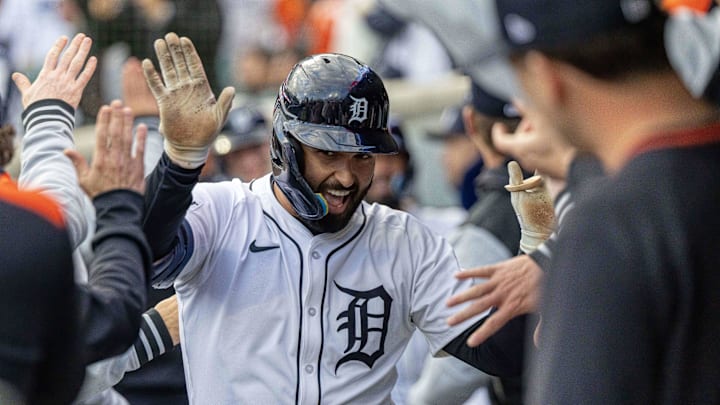 Detroit Tigers outfielder Riley Greene (31) hi-fives teammates in the dugout after his three run home run against the Baltimore Orioles during game two of a double header at Comerica Park on April 26. Detroit Tigers outfielder Riley Greene (31) hi-fives teammates in the dugout after his three run home run against the Baltimore Orioles during game two of a double header at Comerica Park on April 26.