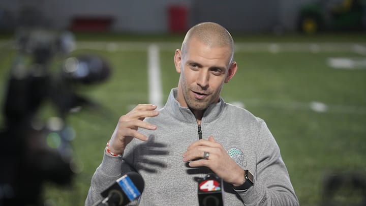 Feb 1, 2023;  James Laurinaitis talks with the media during an off-season news conference.