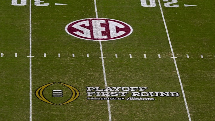 Dec 20, 2025; College Station, TX, USA; A view of the field and the SEC logo and CFP logo during the game between the Aggies and the Hurricanes at Kyle Field. Mandatory Credit: Jerome Miron-Imagn Images