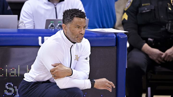Jan 11, 2025; Dallas, Texas, USA; Georgia Tech Yellow Jackets head coach Damon Stoudamire looks on during the first half against the SMU Mustangs at Moody Coliseum. Mandatory Credit: Jerome Miron-Imagn Images