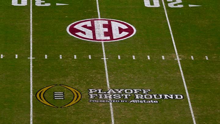 A view of the field, the SEC logo, and the CFP logo. Mandatory Credit: Jerome Miron-Imagn Images A view of the field, the SEC logo, and the CFP logo. Mandatory Credit: Jerome Miron-Imagn Images