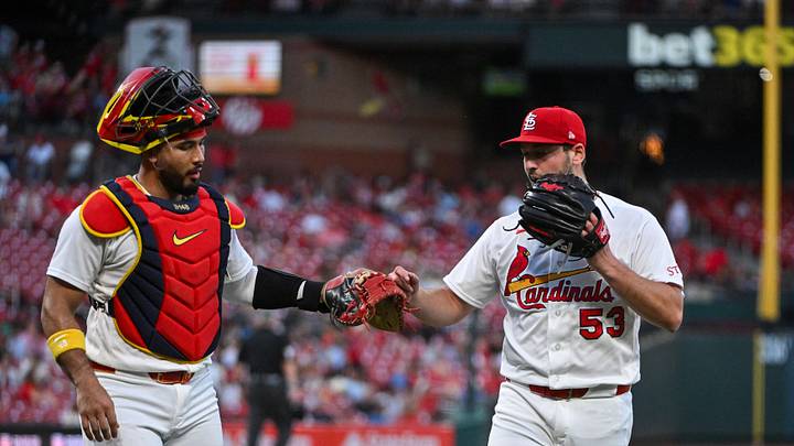 Jun 3, 2026; St. Louis, Missouri, USA; St. Louis Cardinals starting pitcher Andre Pallante (53) celebrates with catcher Ivan Herrera (48) after the fourth inning against the Texas Rangers at Busch Stadium. Mandatory Credit: Jeff Curry-Imagn Images