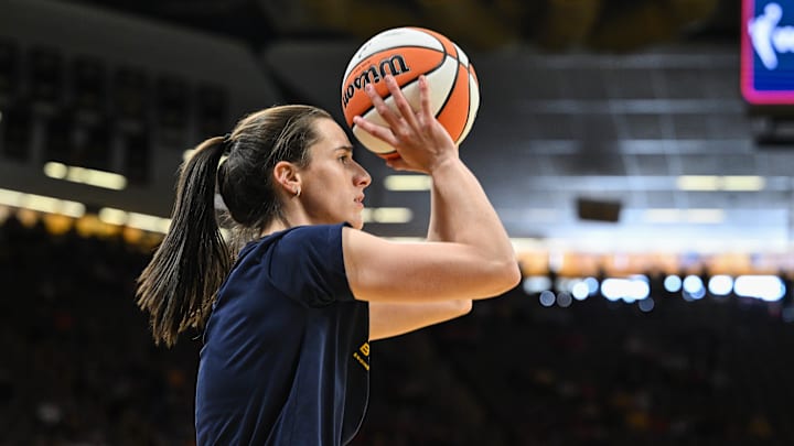 May 4, 2025; Iowa City, IA, USA; Indiana Fever guard Caitlin Clark (22) warms up before the game against the Brazil National Team at Carver-Haweye Arena. Mandatory Credit: Jeffrey Becker-Imagn Images