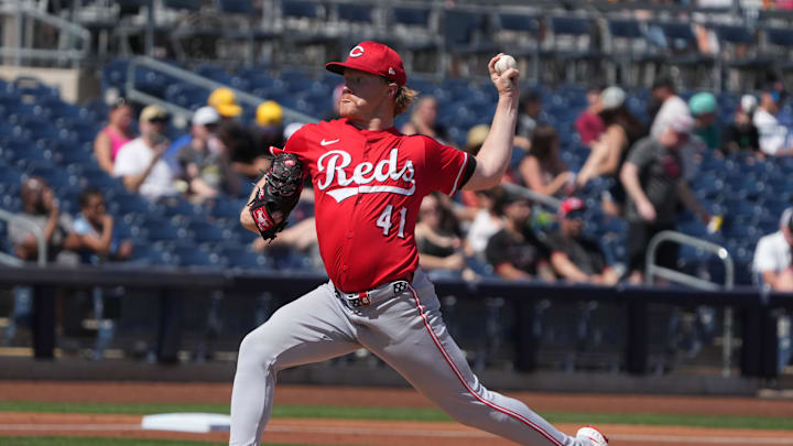 Mar 22, 2025; Peoria, Arizona, USA; Cincinnati Reds pitcher Andrew Abbott (41) throws against the San Diego Padres in the first inning at Peoria Sports Complex. Mandatory Credit: Rick Scuteri-Imagn Images