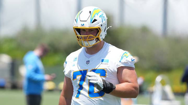 Jun 17, 2026; El Segundo, CA, USA; Los Angeles Chargers tackle Joe Alt (76) during minicamp at The Bolt. Mandatory Credit: Kirby Lee-Imagn Images