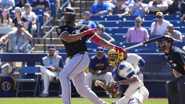 Mar 13, 2024; Phoenix, Arizona, USA; Chicago White Sox Eloy Jimenez (74) hits a two run double