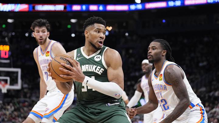 Jan 21, 2026; Milwaukee, Wisconsin, USA; Milwaukee Bucks forward Giannis Antetokounmpo (34) drives to the basket against Oklahoma City Thunder guard Cason Wallace (22) in the second half at Fiserv Forum. Mandatory Credit: Michael McLoone-Imagn Images Jan 21, 2026; Milwaukee, Wisconsin, USA; Milwaukee Bucks forward Giannis Antetokounmpo (34) drives to the basket against Oklahoma City Thunder guard Cason Wallace (22) in the second half at Fiserv Forum. Mandatory Credit: Michael McLoone-Imagn Images