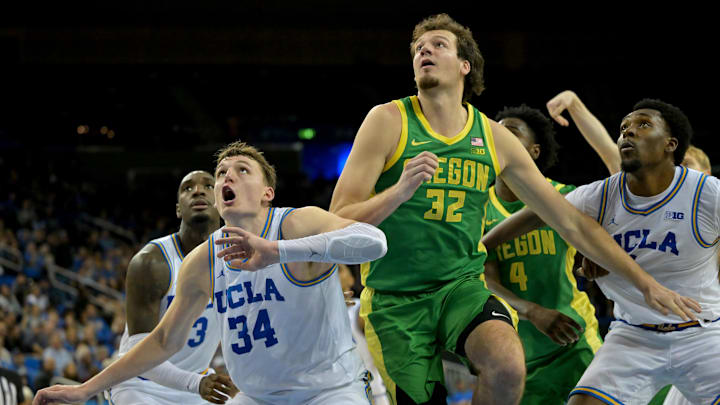 Dec 6, 2025; Los Angeles, California, USA; UCLA Bruins forward Tyler Bilodeau (34) boxes out Oregon Ducks center Nate Bittle (32) during the second half at Pauley Pavilion presented by Wescom Financial. Mandatory Credit: Jayne Kamin-Oncea-Imagn Images Dec 6, 2025; Los Angeles, California, USA; UCLA Bruins forward Tyler Bilodeau (34) boxes out Oregon Ducks center Nate Bittle (32) during the second half at Pauley Pavilion presented by Wescom Financial. Mandatory Credit: Jayne Kamin-Oncea-Imagn Images