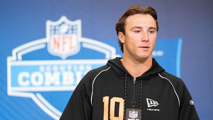 Feb 27, 2026; Indianapolis, IN, USA; Clemson quarterback Cade Klubnik (QB10) speaks to members of the media during the NFL Combine at the Indiana Convention Center. Mandatory Credit: Jacob Musselman-Imagn Images