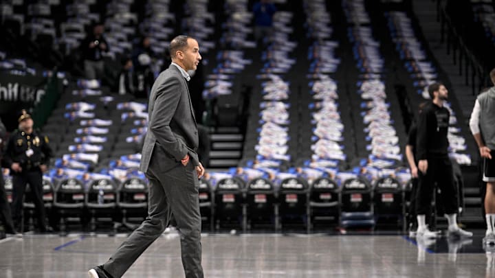 Feb 10, 2025; Dallas, Texas, USA; Dallas Mavericks general manager Nico Harrison walks on to the court before the game between the Dallas and the Sacramento Kings at the American Airlines Center. Mandatory Credit: Jerome Miron-Imagn Images