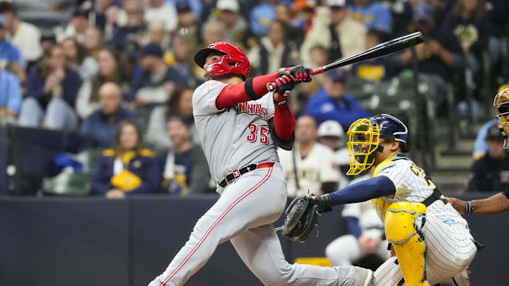 Apr 5, 2025; Milwaukee, Wisconsin, USA;  Cincinnati Reds catcher Jose Trevino (35) hits a home run during the fourth inning against the Milwaukee Brewers at American Family Field. Mandatory Credit: Jeff Hanisch-Imagn Images