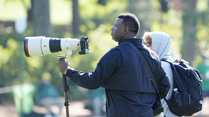 Apr 11, 2025; Augusta, Georgia, USA;  Ken Griffey Jr. is seen on the second green during the second round of the Masters Tournament at Augusta National Golf Club. Mandatory Credit: Kyle Terada-Imagn Images