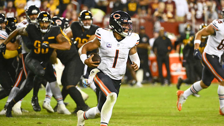Oct 5, 2023; Landover, Maryland, USA; Chicago Bears quarterback Justin Fields (1) scrambles against