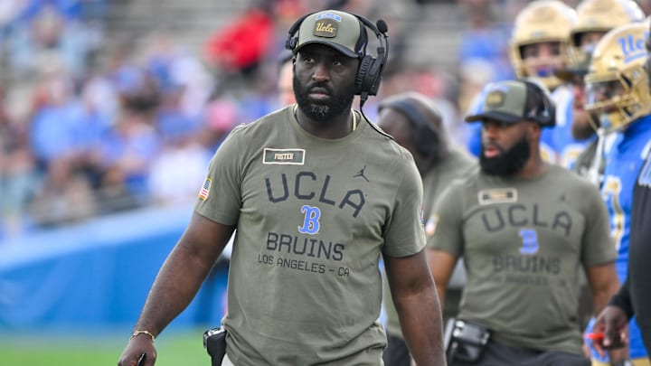 Nov 30, 2024; Pasadena, California, USA; UCLA Bruins head coach DeShaun Foster on the sidelines during the third quarter against the Fresno State Bulldogs at Rose Bowl. Mandatory Credit: Robert Hanashiro-Imagn Images