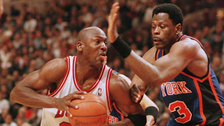 Patrick Ewing defending against Michael Jordan (Undated Photo)