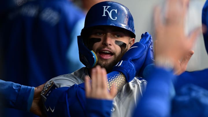 Apr 6, 2026; Cleveland, Ohio, USA; Kansas City Royals catcher Carter Jensen (22) is congratulated in the dugout after hitting a solo home run off Cleveland Guardians relief pitcher Peyton Pallette (41) during the sixth inning at Progressive Field. Mandatory Credit: David Dermer-Imagn Images Apr 6, 2026; Cleveland, Ohio, USA; Kansas City Royals catcher Carter Jensen (22) is congratulated in the dugout after hitting a solo home run off Cleveland Guardians relief pitcher Peyton Pallette (41) during the sixth inning at Progressive Field. Mandatory Credit: David Dermer-Imagn Images