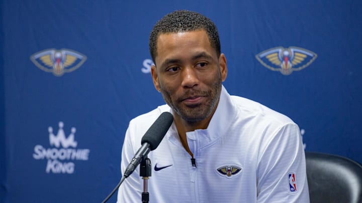 Sep 30, 2024; New Orleans, LA, USA; New Orleans Pelicans general manager Bryson Graham takes part in Pelicans Media Day at the Smoothie King Center. Mandatory Credit: Matthew Hinton-Imagn Images