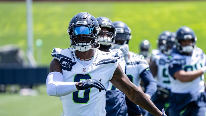 Seattle Seahawks defensive end DeMarcus Lawrence takes part in drills during mini-camp.