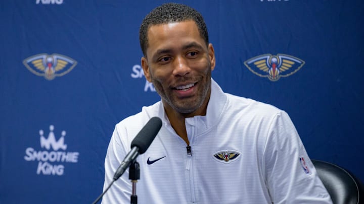 Sep 30, 2024; New Orleans, LA, USA; New Orleans Pelicans general manager Bryson Graham takes part in Pelicans Media Day at the Smoothie King Center. Mandatory Credit: Matthew Hinton-Imagn Images