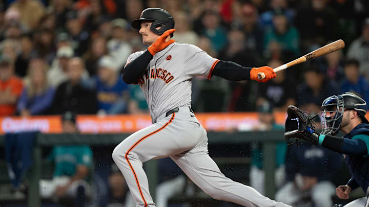 Aug 24, 2024; Seattle, Washington, USA; San Francisco Giants third baseman Matt Chapman (26) takes a swing during an at-bat against the Seattle Mariners at T-Mobile Park. Aug 24, 2024; Seattle, Washington, USA; San Francisco Giants third baseman Matt Chapman (26) takes a swing during an at-bat against the Seattle Mariners at T-Mobile Park.