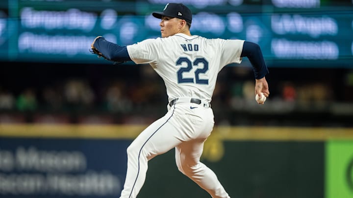 Seattle Mariners starter Bryan Woo (22) delivers a pitch against the San Diego Padres at T-Mobile Park in 2024.