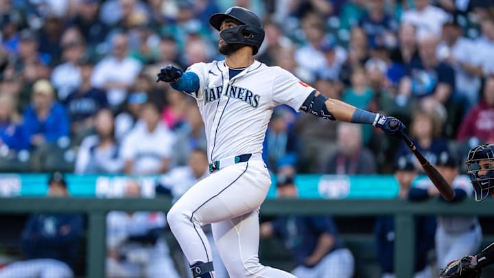 Seattle Mariners centerfielder Julio Rodriguez (44) hits a two-run home run during the first inning against the Washington Nationals at T-Mobile Park on May 27.