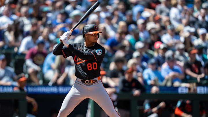 Jun 5, 2025; Seattle, Washington, USA;  Balitimore Orioles centerfielder Jordyn Adams (80) waits for a pitch during an at-bat against the Seattle Mariners at T-Mobile Park. Mandatory Credit: Stephen Brashear-Imagn Images