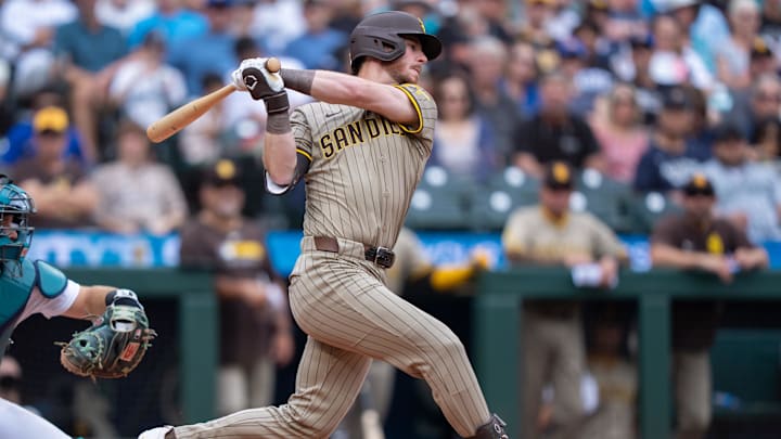 Aug 27, 2025; Seattle, Washington, USA; San Diego Padres first baseman Ryan O'Hearn (32) an at-bat against the Seattle Mariners at T-Mobile Park. Mandatory Credit: Stephen Brashear-Imagn Images Aug 27, 2025; Seattle, Washington, USA; San Diego Padres first baseman Ryan O'Hearn (32) an at-bat against the Seattle Mariners at T-Mobile Park. Mandatory Credit: Stephen Brashear-Imagn Images