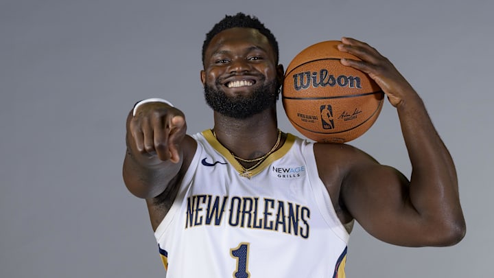 Sep 30, 2024; New Orleans, LA, USA; New Orleans Pelicans forward Zion Williamson (1) takes part in Pelicans Media Day at the Smoothie King Center. Sep 30, 2024; New Orleans, LA, USA; New Orleans Pelicans forward Zion Williamson (1) takes part in Pelicans Media Day at the Smoothie King Center.