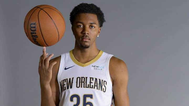 Sep 30, 2024; New Orleans, LA, USA; New Orleans Pelicans guard/forward Trey Murphy III (25) takes part in Pelicans Media Day at the Smoothie King Center.  