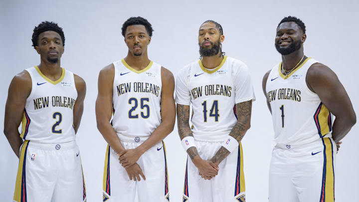 Sep 30, 2024; New Orleans, LA, USA; New Orleans Pelicans guard/forward Herb Jones (2), guard/forward Trey Murphy III (25), forward Brandon Ingram (14) and forward Zion Williamson (1) take part in Pelicans Media Day at the Smoothie King Center.  Mandatory Credit: Matthew Hinton-Imagn Images