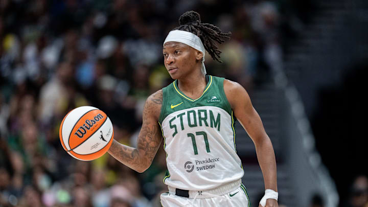 Aug 30, 2025; Seattle, Washington, USA; Seattle Storm guard Erica Wheeler (17) dribbles the ball against the Chicago Sky at Climate Pledge Arena. Mandatory Credit: Stephen Brashear-Imagn Images