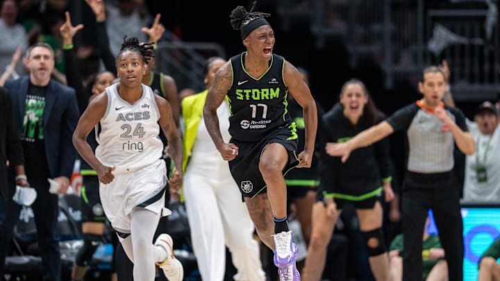 Sep 16, 2025; Seattle, Washington, USA; Seattle Storm guard Erica Wheeler (17) reacts after making a three-point basket during the second half in game two of round one for the 2025 WNBA Playoffs against the Las Vegas Aces at Climate Pledge Arena. Mandatory Credit: Stephen Brashear-Imagn Images