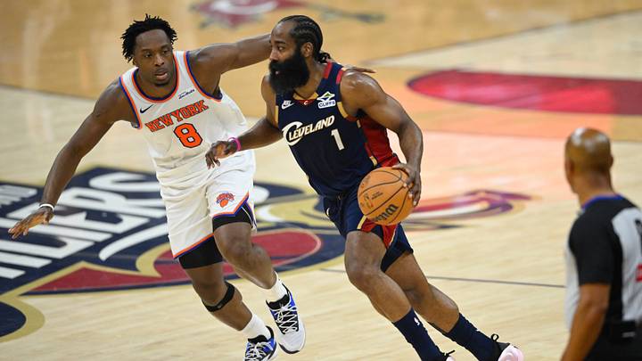 May 25, 2026; Cleveland, Ohio, USA; Cleveland Cavaliers guard James Harden (1) moves the ball while defended by New York Knicks forward OG Anunoby (8) in the first quarter during game four of the eastern conference finals for the 2026 NBA playoffs at Rocket Arena. Mandatory Credit: David Richard-Imagn Images May 25, 2026; Cleveland, Ohio, USA; Cleveland Cavaliers guard James Harden (1) moves the ball while defended by New York Knicks forward OG Anunoby (8) in the first quarter during game four of the eastern conference finals for the 2026 NBA playoffs at Rocket Arena. Mandatory Credit: David Richard-Imagn Images
