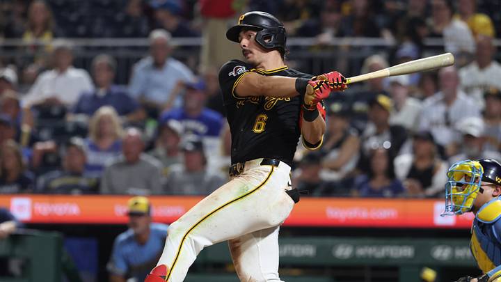 Sep 16, 2026; Pittsburgh, Pennsylvania, USA;  Pittsburgh Pirates shortstop Konnor Griffin (6) hits a double against the Milwaukee Brewers during the fifth inning at PNC Park.  Mandatory Credit: Charles LeClaire-Imagn Images