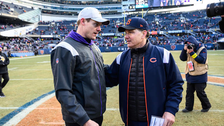 Jan 8, 2023; Chicago, Illinois, USA; Minnesota Vikings head coach Kevin O'Connell and Chicago Bears head coach Matt Eberflus meet at midfield after the game at Soldier Field. Mandatory Credit: Daniel Bartel-USA TODAY Sports