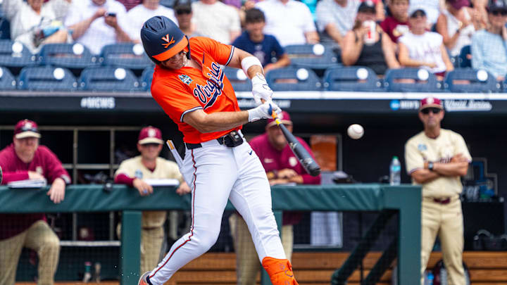 Jun 16, 2024; Omaha, NE, USA; Virginia Cavaliers second baseman Henry Godbout (2) hits a single against the Florida State Seminoles during the first inning at Charles Schwab Field Omaha. Mandatory Credit: Dylan Widger-Imagn Images