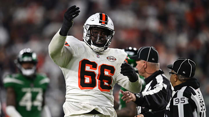 Dec 28, 2023; Cleveland, Ohio, USA; Cleveland Browns offensive tackle James Hudson III (66) celebrates during the second half against the New York Jets at Cleveland Browns Stadium. Dec 28, 2023; Cleveland, Ohio, USA; Cleveland Browns offensive tackle James Hudson III (66) celebrates during the second half against the New York Jets at Cleveland Browns Stadium.