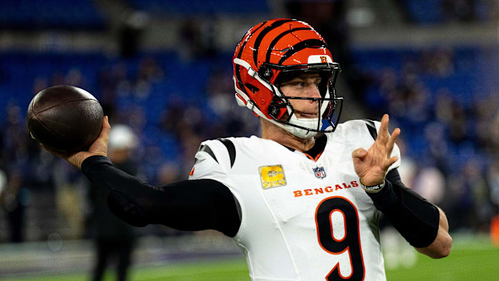 Cincinnati Bengals quarterback Joe Burrow (9) warms up before the NFL game between the Cincinnati Bengals and the Baltimore Ravens at M&T Banks Stadium in Baltimore on Thursday, Nov. 7, 2024.