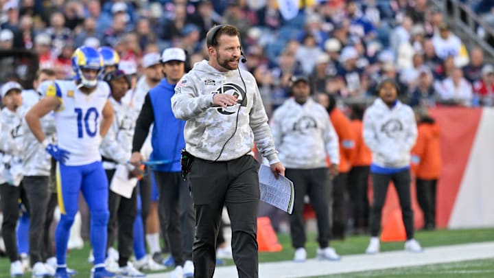 Nov 17, 2024; Foxborough, Massachusetts, USA;  Los Angeles Rams head coach Sean McVay reacts to game action during the first half against the New England Patriots at Gillette Stadium. Mandatory Credit: Eric Canha-Imagn Images