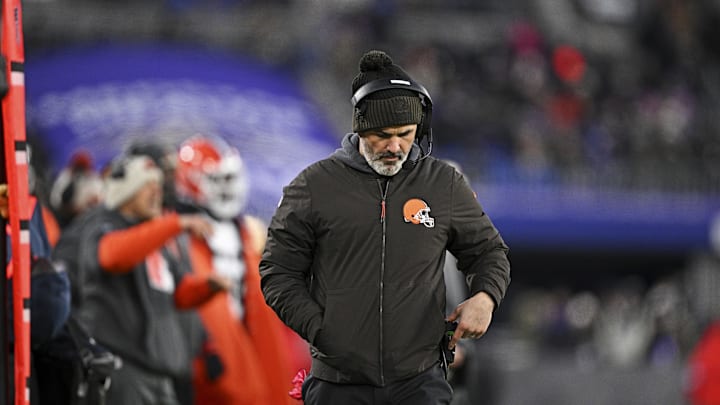Jan 4, 2025; Baltimore, Maryland, USA; Cleveland Browns head coach Kevin Stefanski looks on during the second quarter against the Baltimore Ravens at M&T Bank Stadium. Mandatory Credit: Tommy Gilligan-Imagn Images