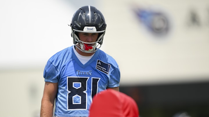 Tennessee Titans tight end Josh Whyle goes through drills during minicamp at Nissan Stadium.