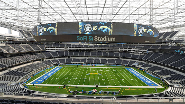 Inglewood, California, USA; A general overall view of an empty SoFi Stadium before the game between the Los Angeles Chargers and the Las Vegas Raiders. Mandatory Credit: Kirby Lee-Imagn Images